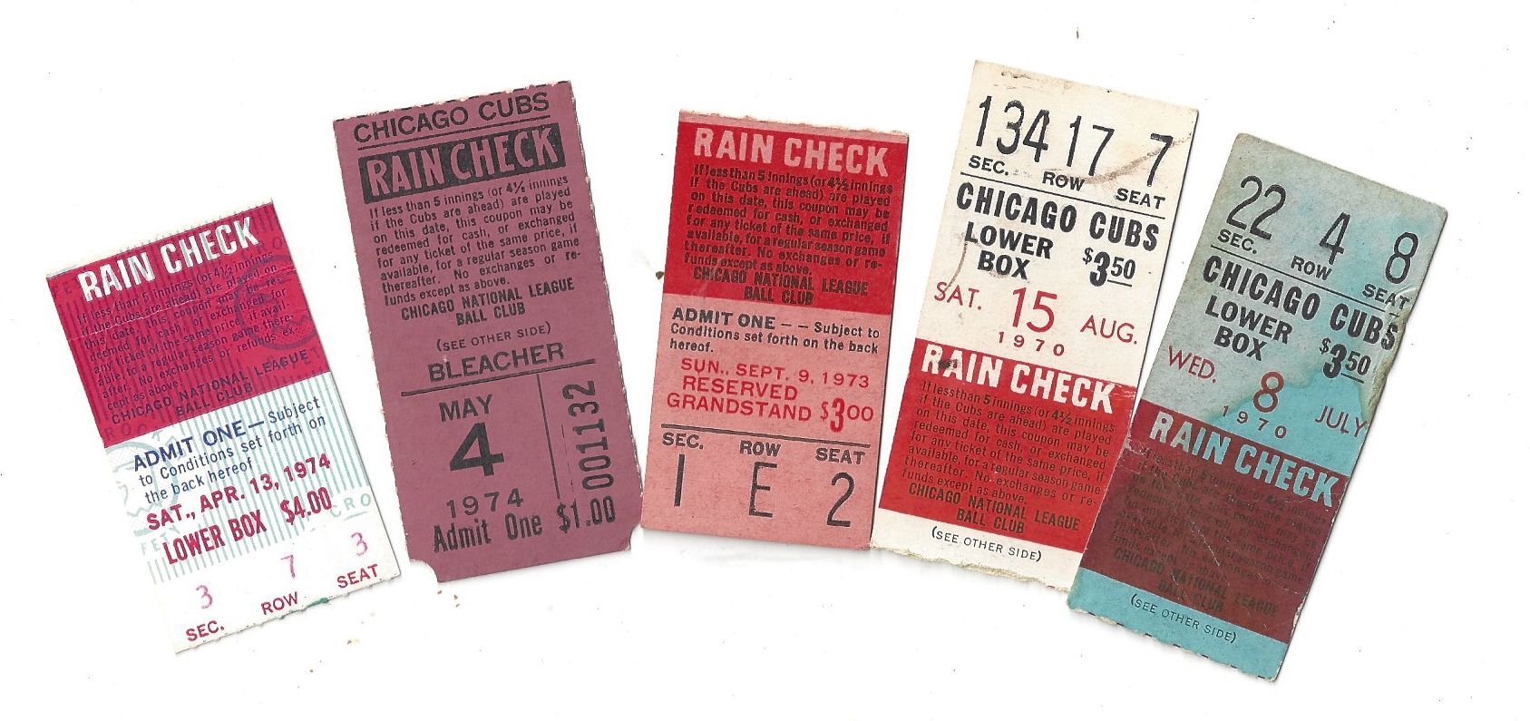 Lot Detail 1970 1974 Chicago Cubs Ticket Stub Lot of (5)