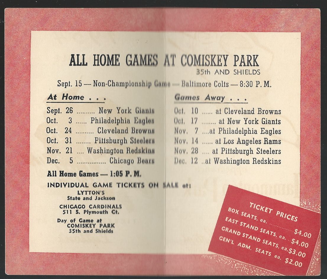 1954 CHICAGO CARDINALS FOOTBALL POCKET SCHEDULE