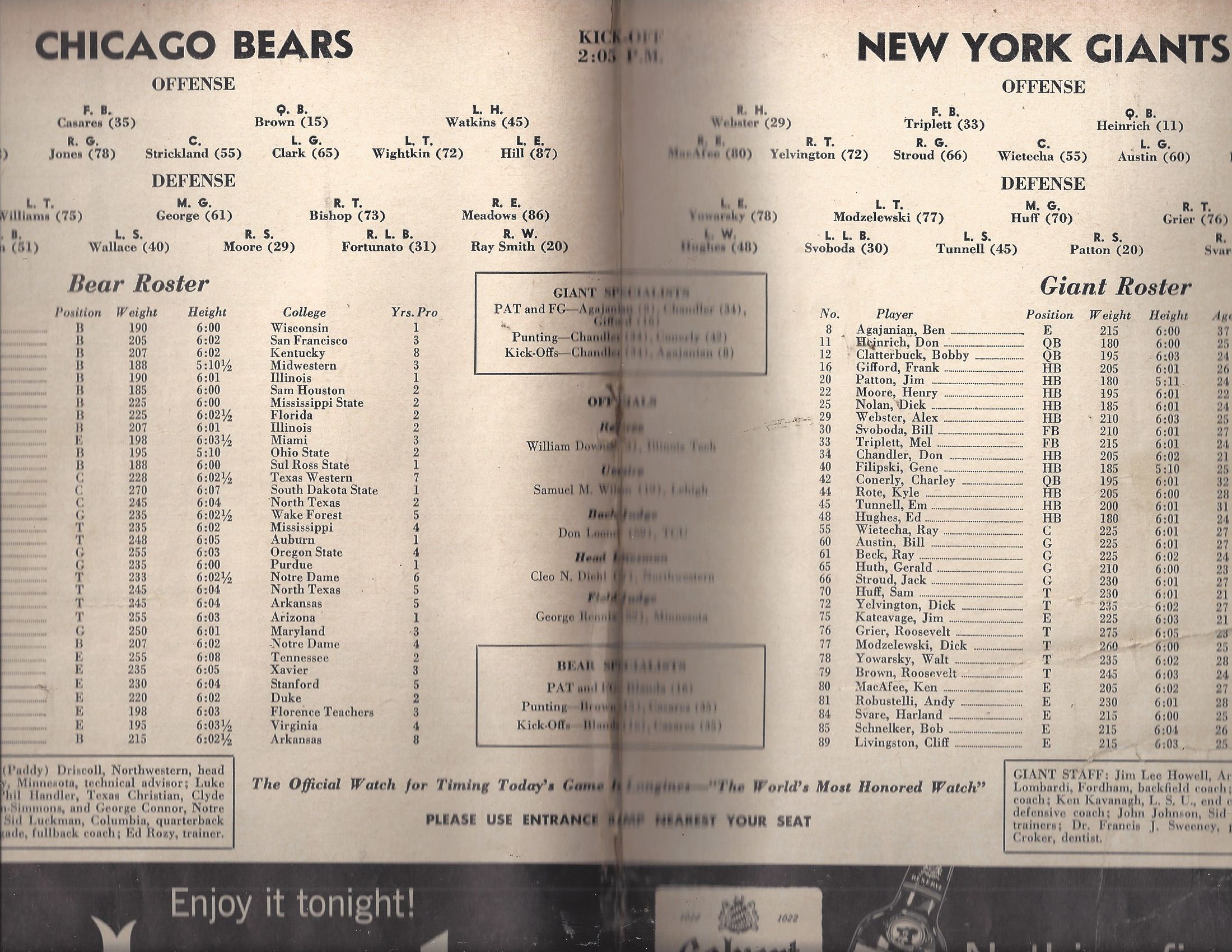 1956 NFL Championship - Bears vs Giants 