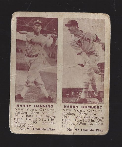 1941 Double Play Card - Harry Danning & Harry Gumbert 