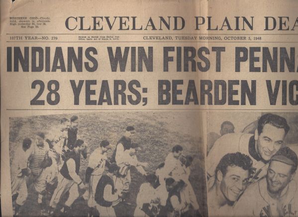 1948 Cleveland Indians Win Pennant - Cleveland Plain Dealer Partial Front Page