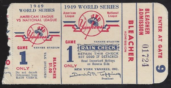 1949 World Series Ticket Game # 1 at Yankee Stadium 