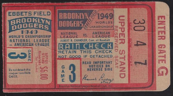 1949 World Series Ticket Game # 3 at Ebbets Field in Brooklyn