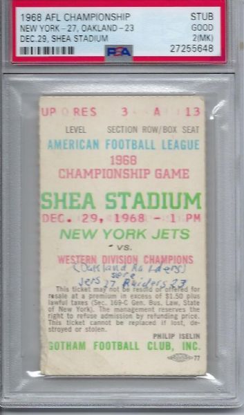 1968 AFL Championship Game Ticket Stub @ Shea Stadium - PSA Graded 2 Good