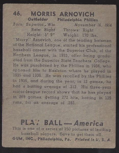 1939 Morris Arnovich Playball Series Baseball Card 