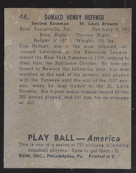 1939 Don Heffner Playball Series Baseball Card 