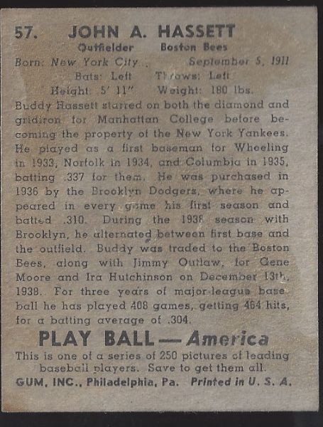 1939 John Hassett Playball Series Baseball Card 