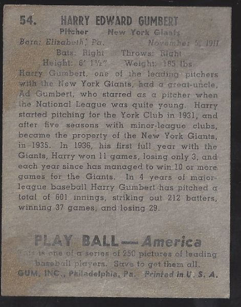 1939 Harry Gumbert Playball Series Baseball Card 