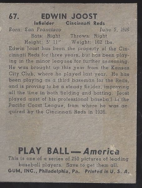 1939 Eddie Joost Playball Series Baseball Card 