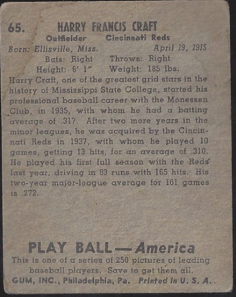 1939 Harry Craft Playball Series Baseball Card 