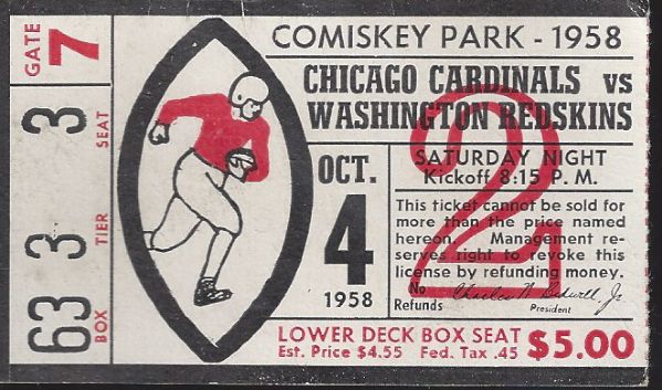 1958 Chicago Cardinals (NFL) Ticket stub vs Redskins
