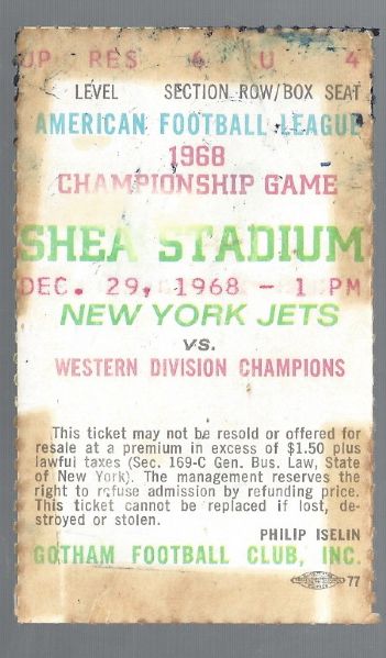 1968 AFL Championship Game Ticket Stub @ Shea Stadium 