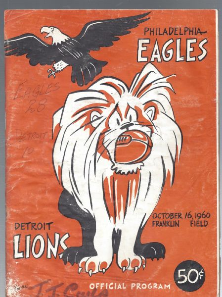 1960 Philadelphia Eagles (World Championship Year) vs Detroit Lions Football Program