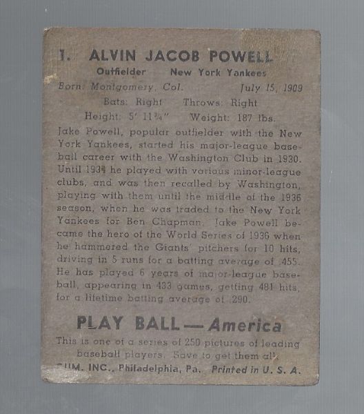 1939 Jake Powell (NY Yankees) Play Ball Baseball Card -# 1 in the Set