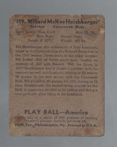 1939 Willard Hershberger (Cincinnati Reds) Play Ball Baseball Card 