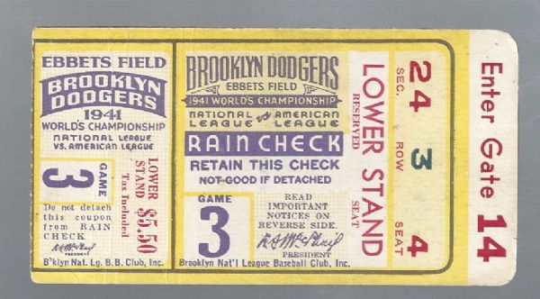 1941 World Series Ticket Stub (Dodgers vs Yankees) at Ebbets Field