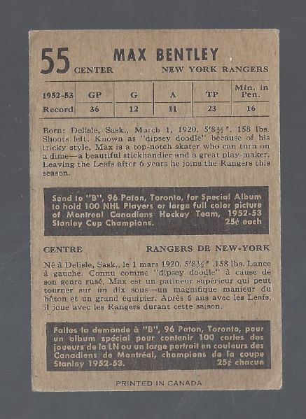 1954 Max Bentley (NY Rangers) Parkhurst Hockey Card