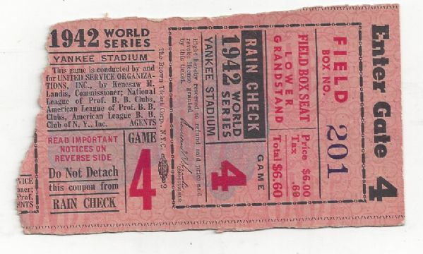 1942 World Series Game # 4 Ticket (NY Yanks vs St. Louis Cardinals) at Yankee Stadium 