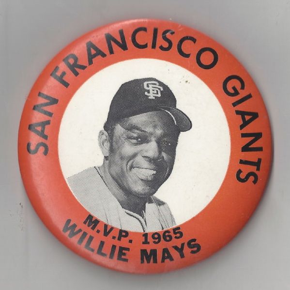 1965 Willie Mays (HOF) Large Size MVP Recognition Pinback Button