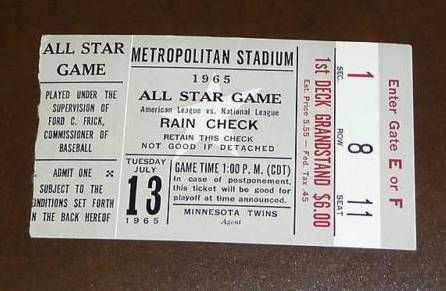 1965 MLB All-Star Game Ticket from Metropolitan Stadium in Minneapolis