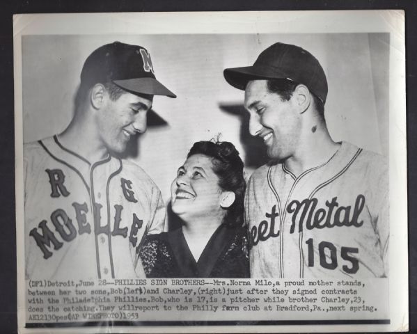 1953 Bob & Charlie Milo Flank their proud Mom after Signing Contracts with Phillies
