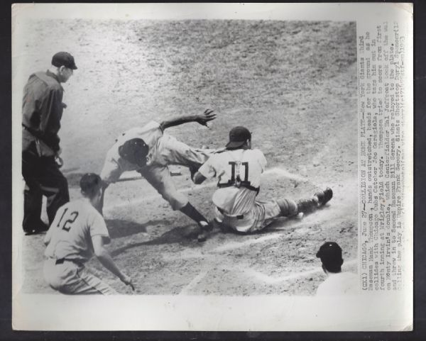 1953 Hank Thompson About To Collide with Cubs Joe Garagiola at Home Wire Photo
