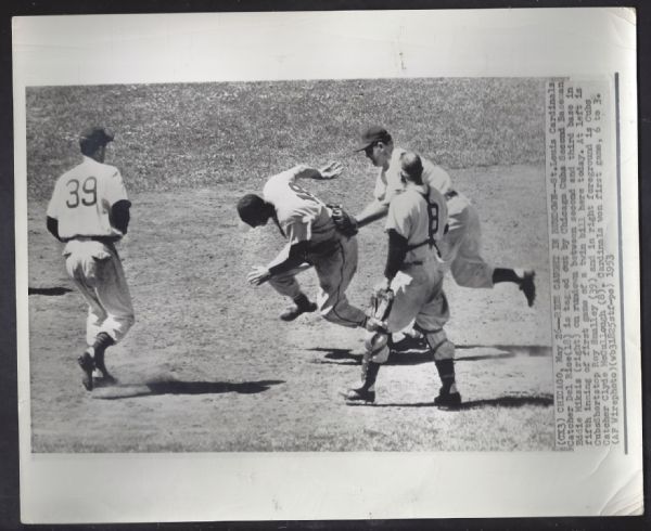1953 Del Rice (St. Louis Cardinals) Is Tagged Out By Eddie Miksis Wire Photo
