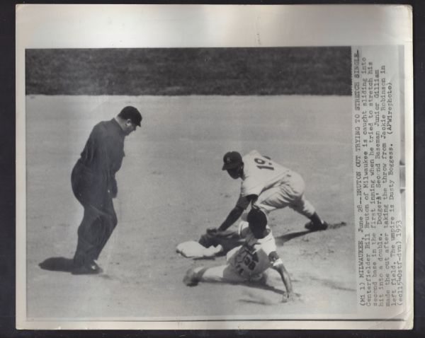 1950's Billy Bruton (Milwaukee Braves) Thrown Out at 2nd Wire Photo