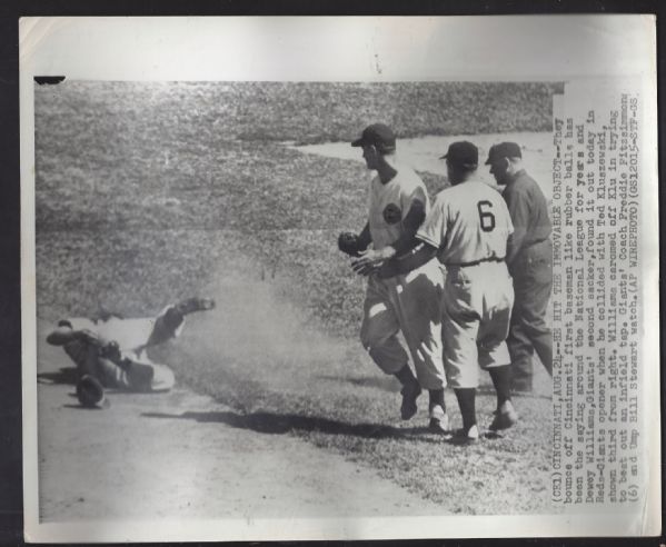 1950's Dewey Williams (NY Giants) Bounces Off Ted Kluszewski At 1st Base Wire Photo
