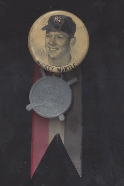 1950's Mickey Mantle PM10 White Version Stadium pin with Crossed Bats Charm & Ribbon
