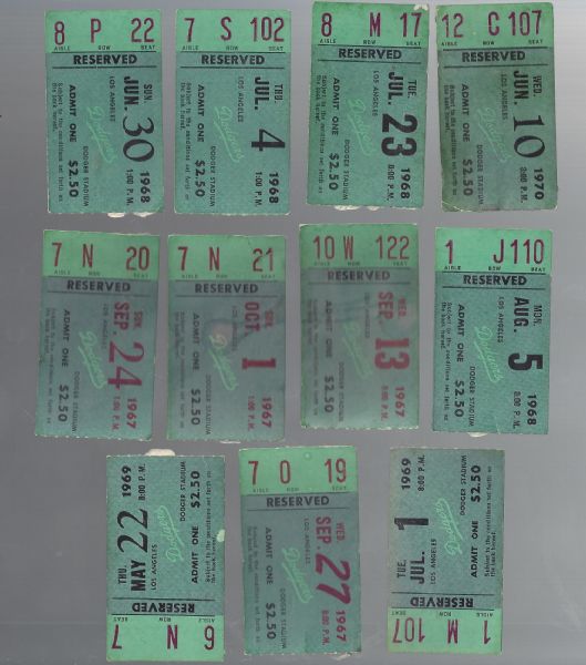 1967 - 1970 LA Dodgers Ticket Stub Lot of (11)