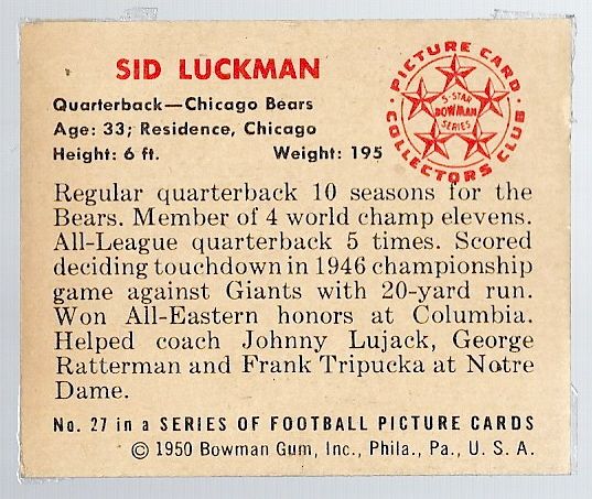 1950 Sid Luckman (HOF) Bowman Football Card