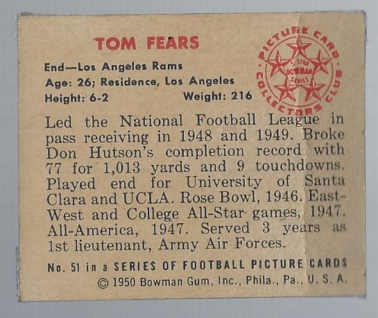 1950 Tom Fears (HOF) Bowman Football Card