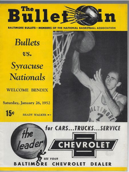 1952 Baltimore Bullets (early NBA) vs. Syracuse Nationals Pro Basketball Program