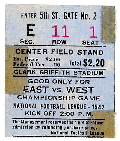 1942 NFL Championship Game (Bears vs Redskins) Ticket Stub
