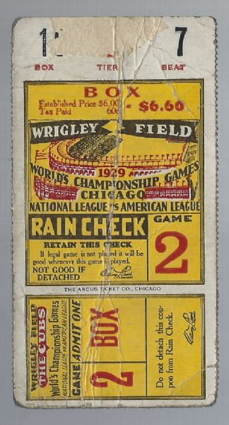 1929  World Series Ticket at Wrigley Field (Cubs vs. A's) 