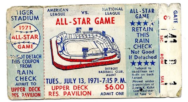 1971 MLB All-Star Game Ticket Stub at Detroit