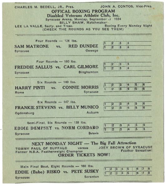 1934 Eddie Risko vs. Pete Susky Boxing Scorecard