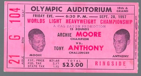 1957 Archie Moore vs. Tony Anthony - World Light-Heavyweight Championship Ticket