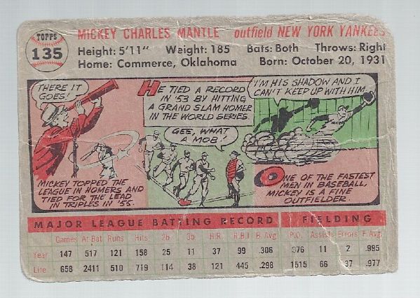 1956 Mickey Mantle (HOF - Triple Crown Winner in '56) Topps Baseball Card