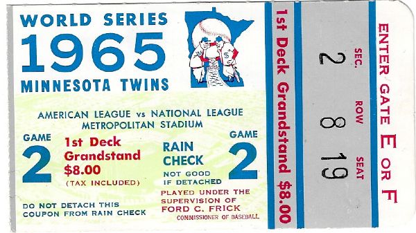 1965 World Series Ticket Stub - Minnesota Twins vs. LA Dodgers - Game #2 - Better Condition