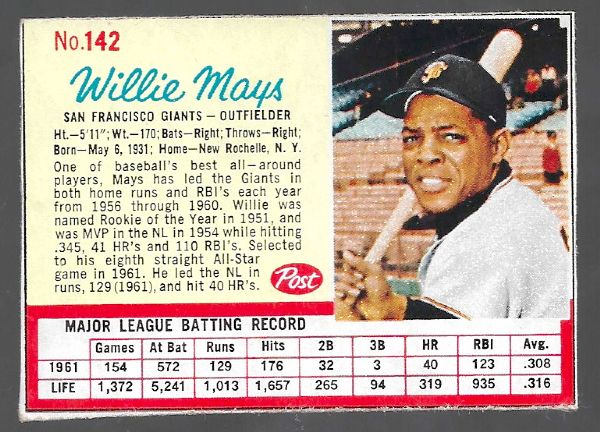 1962 Willie Mays (HOF) Post Cereal Card