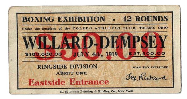 1919 Jess Willard vs. Jack Dempsey Heavyweight Championshiip Fight Ticket