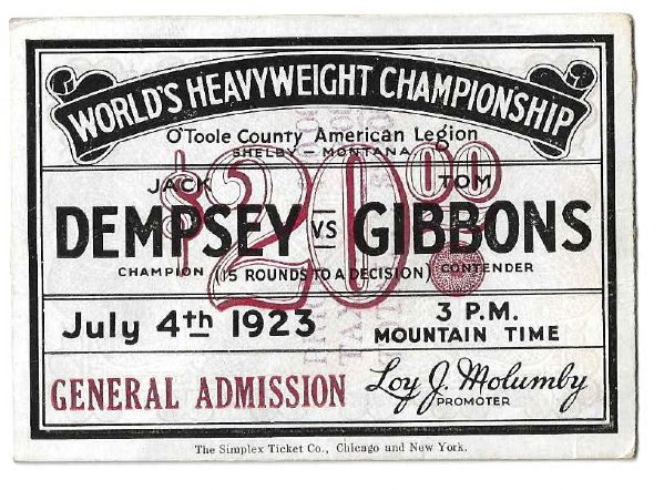1923 Jack Dempsey vs. Tommy Gibbons World Heavyweight Championship Boxing Ticket
