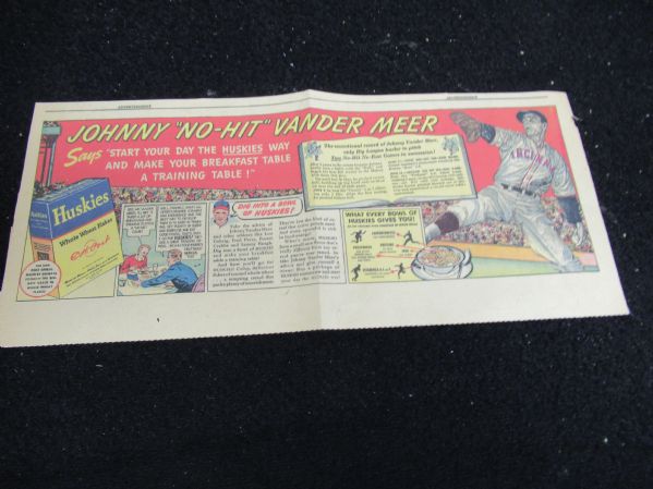 1938 Johnny (Double No Hit) Vander Meer Huskies Cereal Large Size Display Ad