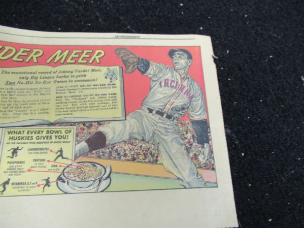 1938 Johnny (Double No Hit) Vander Meer Huskies Cereal Large Size Display Ad