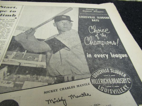 1956 Mickey Mantle Louisville Slugger (The Sporting News) Large Size Display Ad