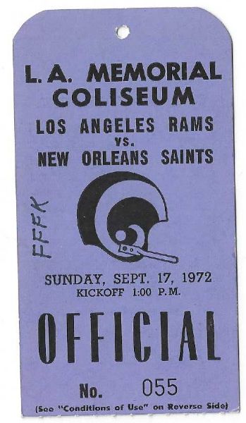1972 NFL - LA Rams vs NO Saints - PPK Ticket Pass