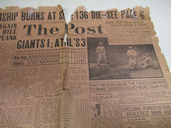 1913 World Series (Giants vs. Athletics) Cincinnati Post Paper - One Page Only