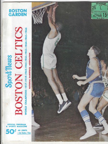 1966 - 67 Boston Celtics (NBA) vs SF Warriors Pro Basketball Program with Ticket Stub